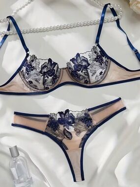 Sheer Nude and Navy Floral Embroidered Lingerie Set